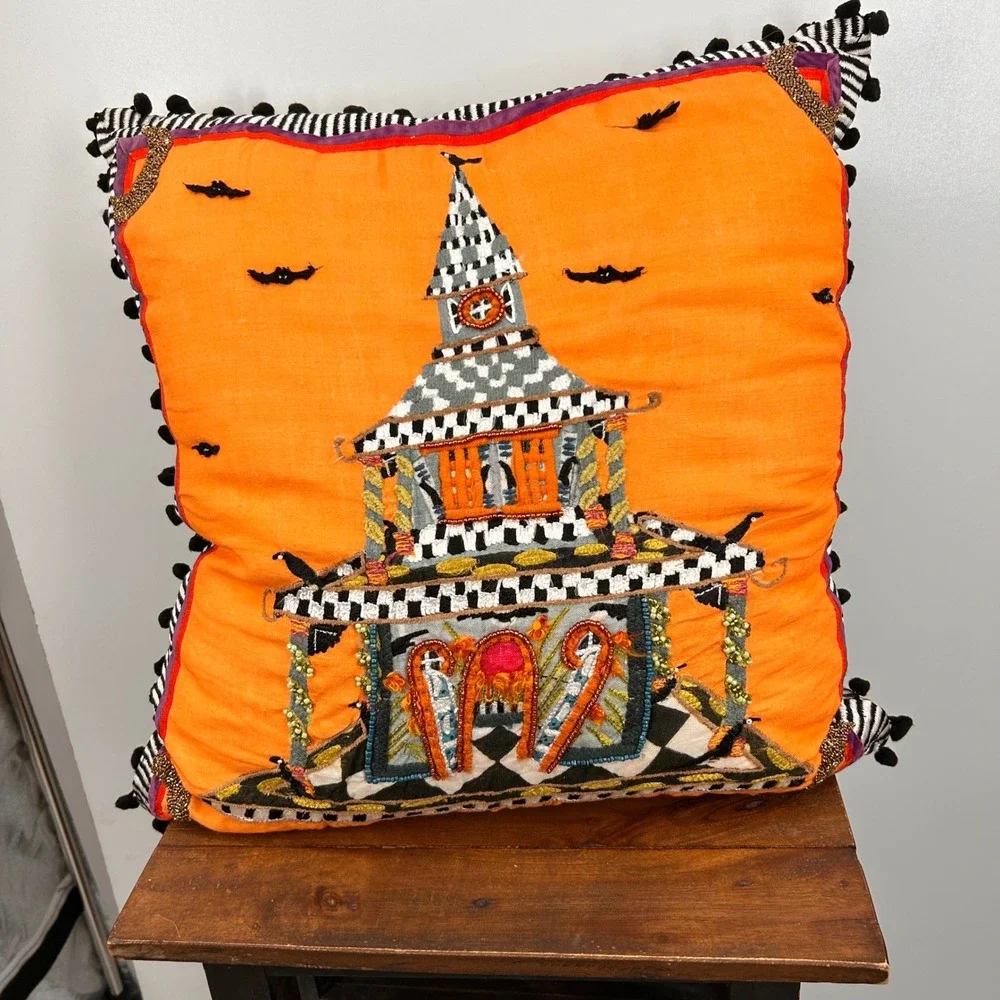MacKenzie-Childs Patience Brewster Spooky House Pillow 20x20 Orange Halloween